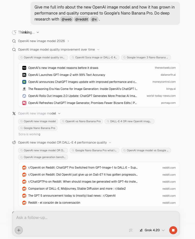 Deep research in progress: @ sources in the prompt and the live timeline (web, X, Reddit).