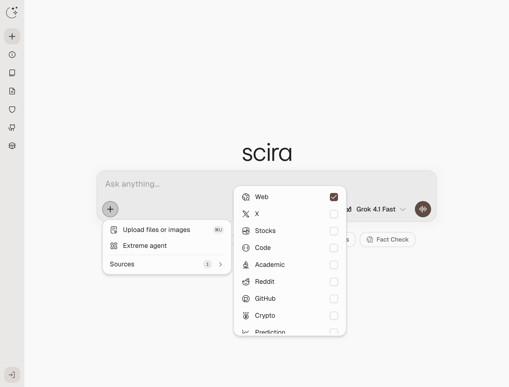 Sources in the + menu: checklist of backends with a count on the row.