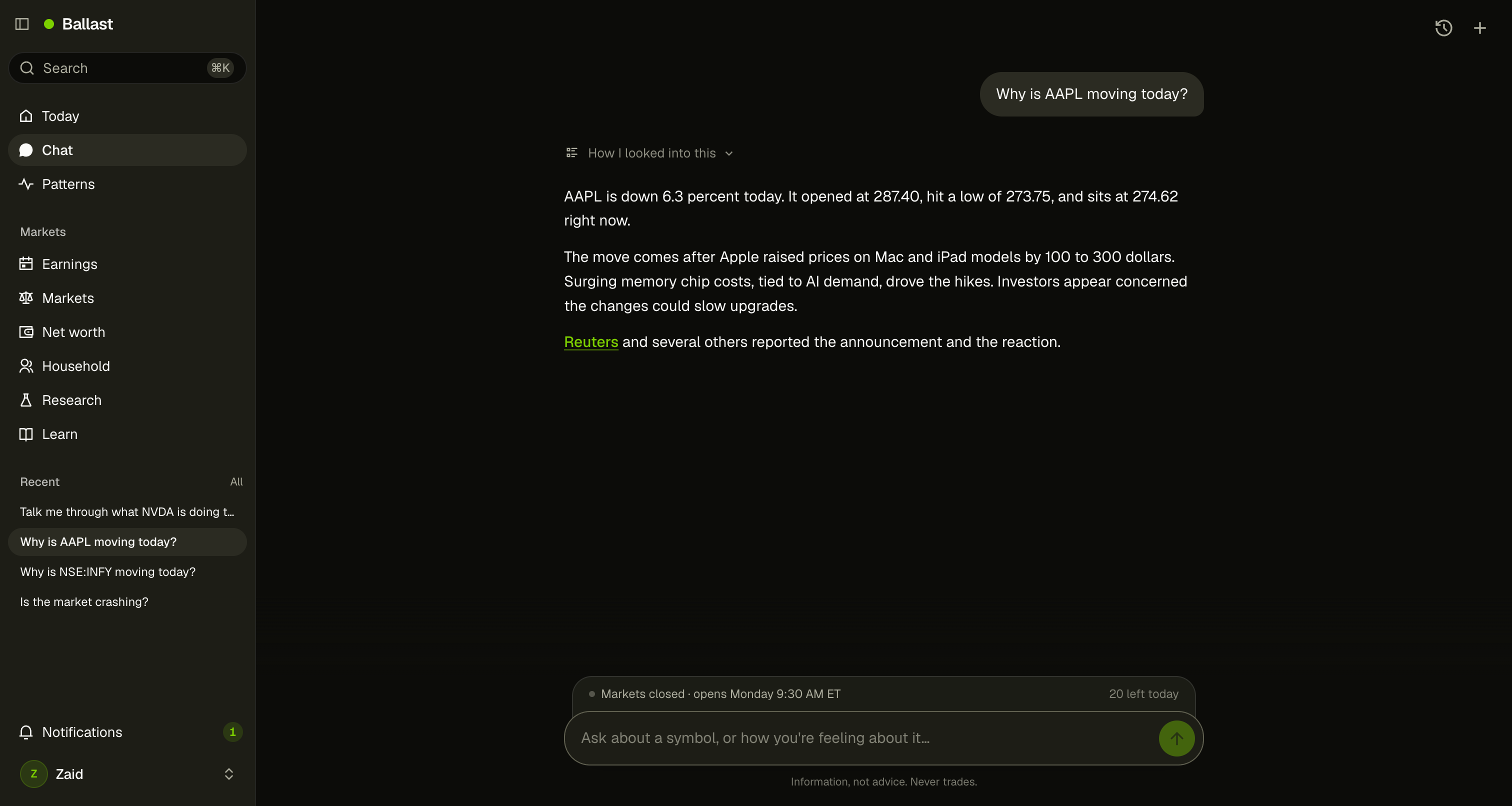 Ballast answering "Why is AAPL moving today?" with figures cited and Reuters linked